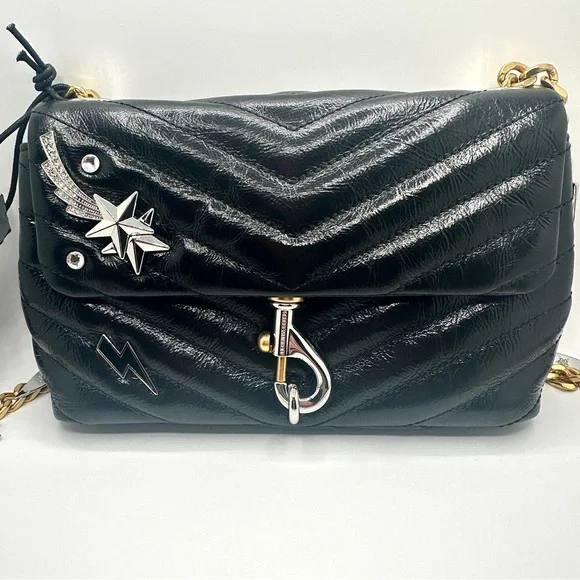 New Rebecca Minkoff Edie Leather Crossbody Bag Black Celestial Charm Quilted - Picture 2 of 14